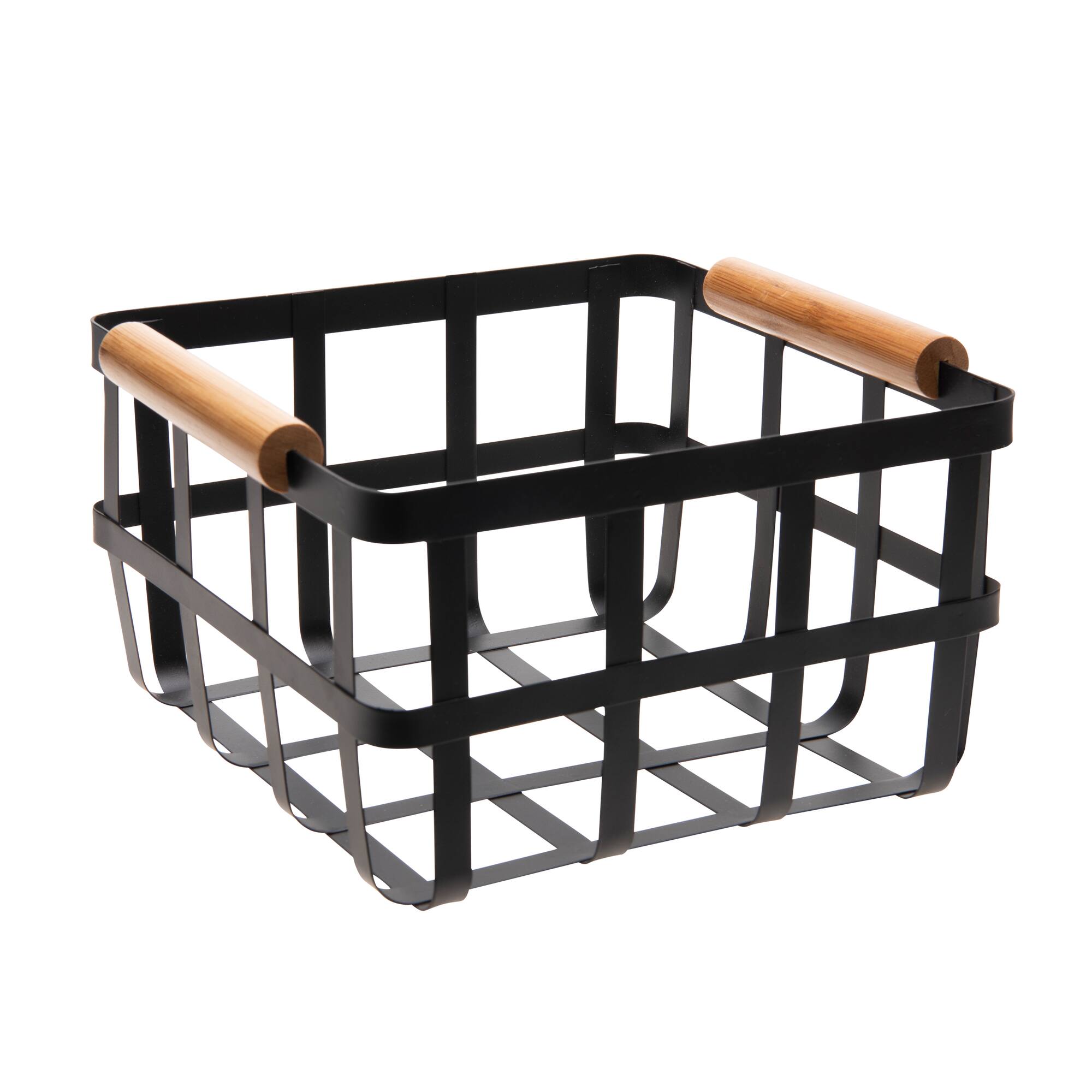Simplify Small Square Black Metal Basket with Bamboo Handles